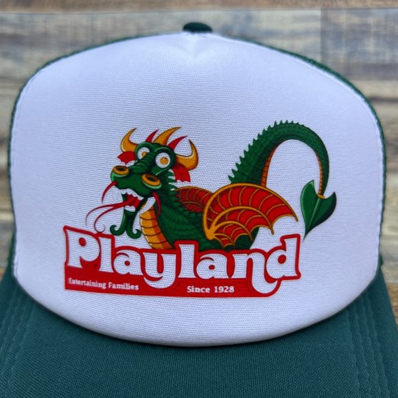 Playland Amusement Park Mens Trucker Hat Green Snapback Rye NY Vintage Logo Cap - Picture 3 of 8